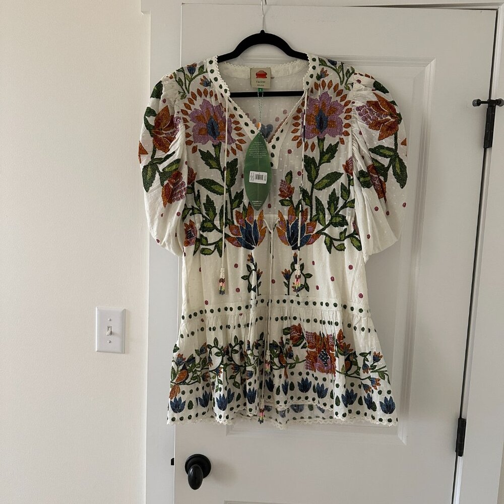 FARM Rio White Floral Mini Dress with Multicolor Embroidery - Picture 5 of 16